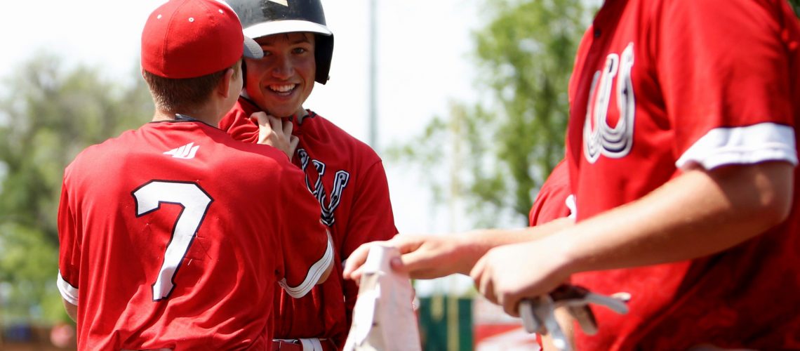 Westfall's Zach Gibson is greeted by teammates after scoring during the Mustangs' 6-5 win over Rock Hill in a Division III district semifinal.